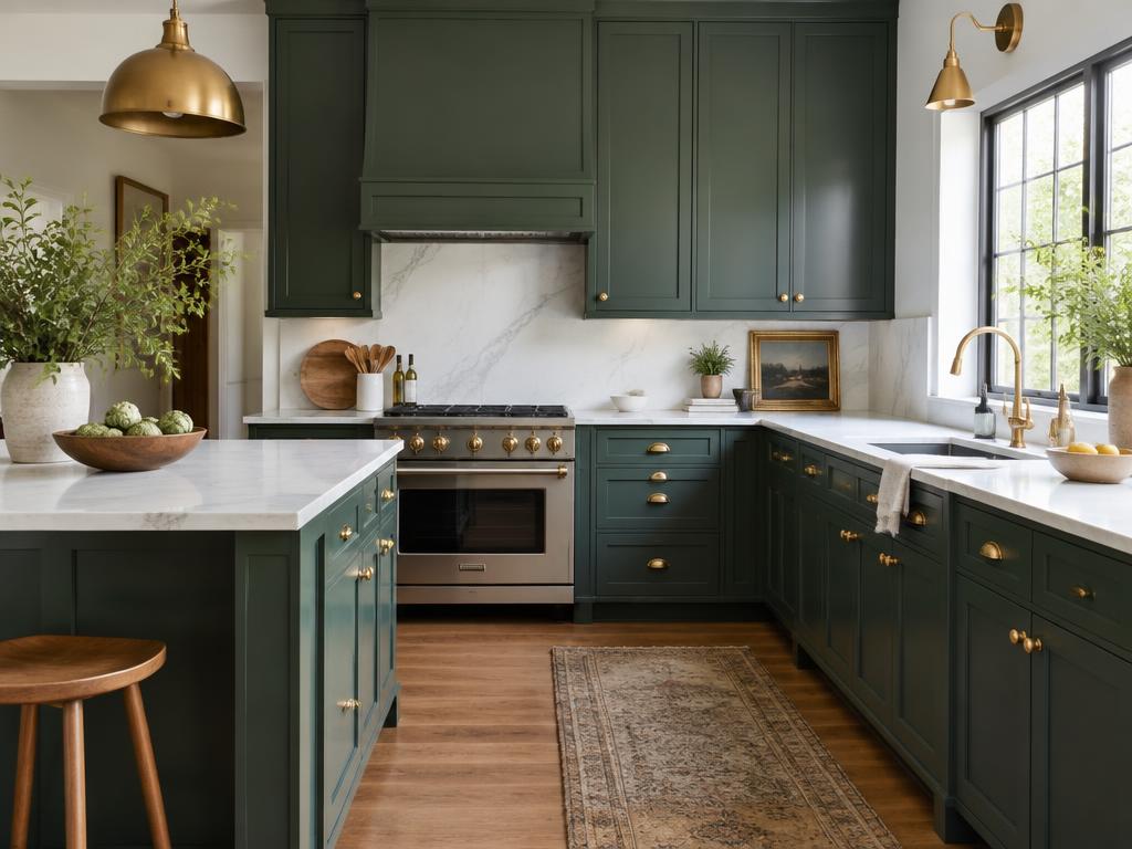 Kitchen cabinets refinished in deep green by Memphis cabinet painters